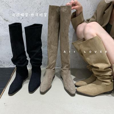 Pile Boots Women's Knight Boots Retro Suede Thick Heel Square Head 2025 New Wrinkled High Tube But Boots Boots Children