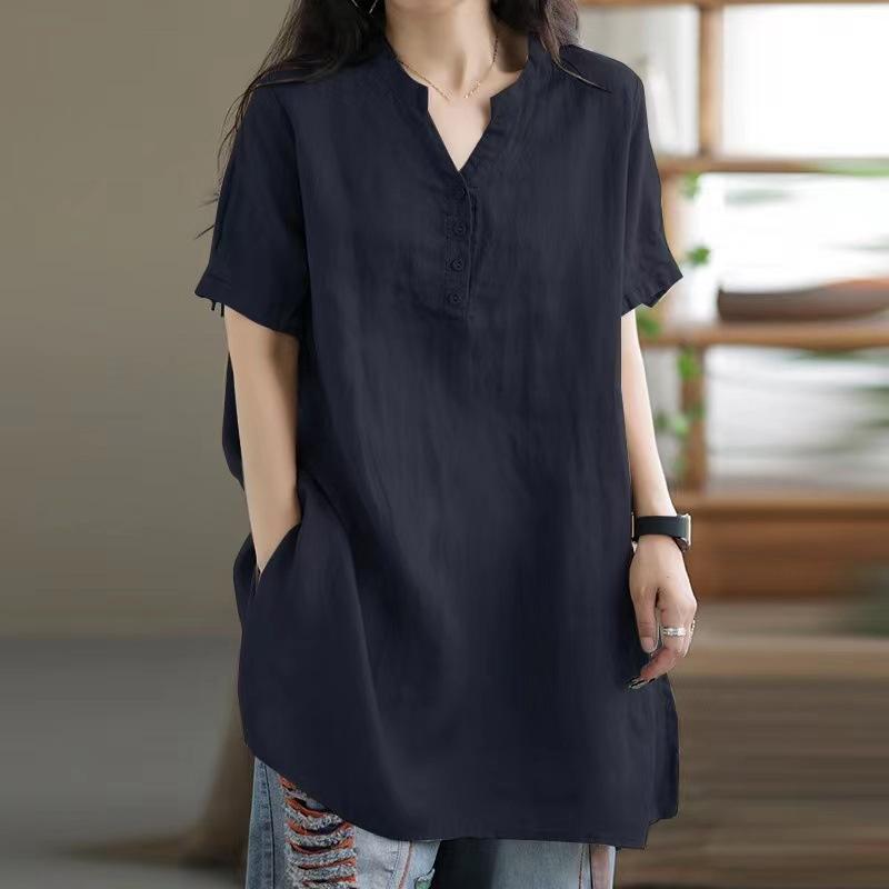 Spring Summer Cotton and Hemp Women's Shirt Commuting Style Casual Half Open Short Sleeve Casual Shirt Top