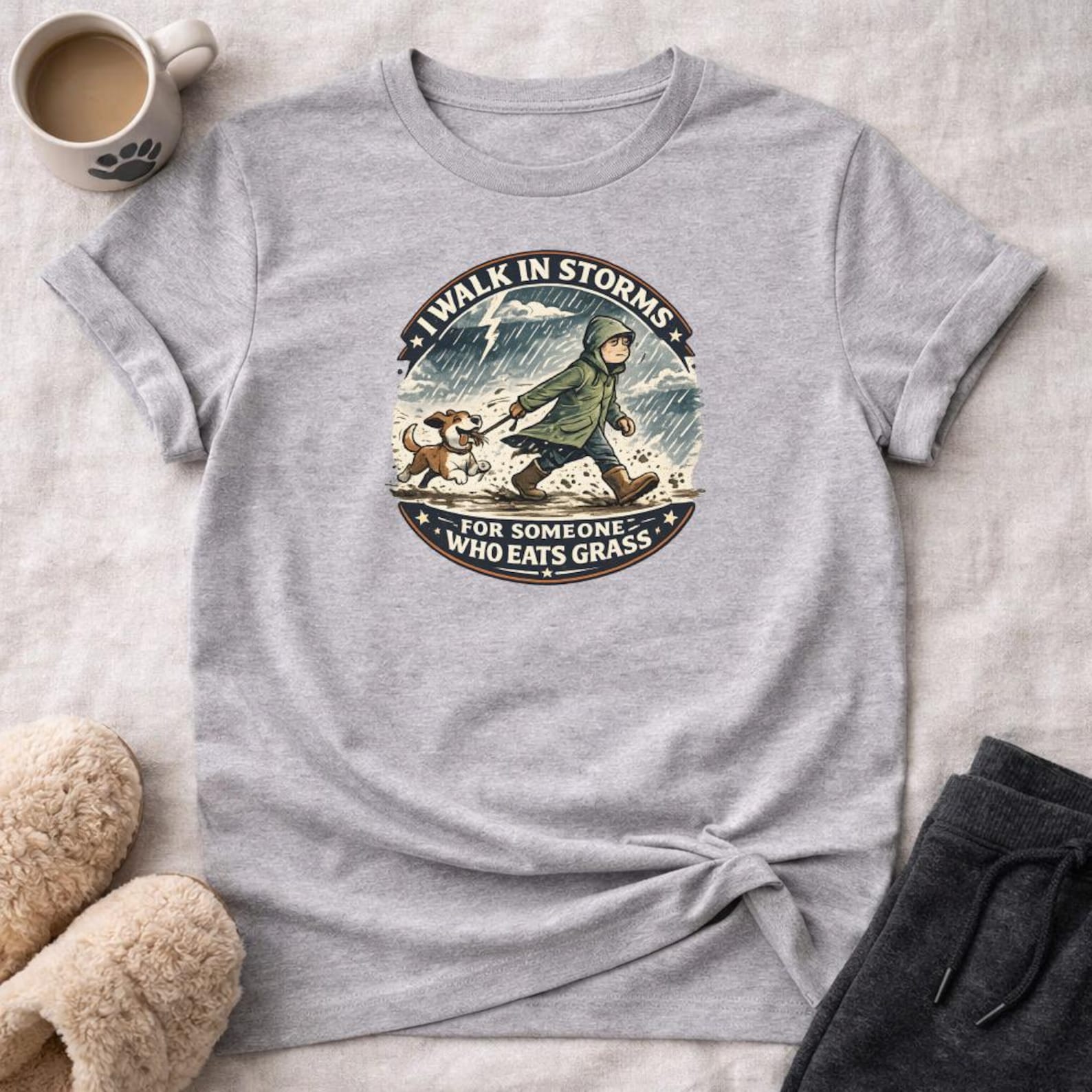 I Walk in Storms Funny Dog Walking T-Shirt, Grass Eating Dog Pet Owner Tee, Rainy Day Dog Lover Gift, Dog Mom Dad Shirt, Stormy Weather Walk S