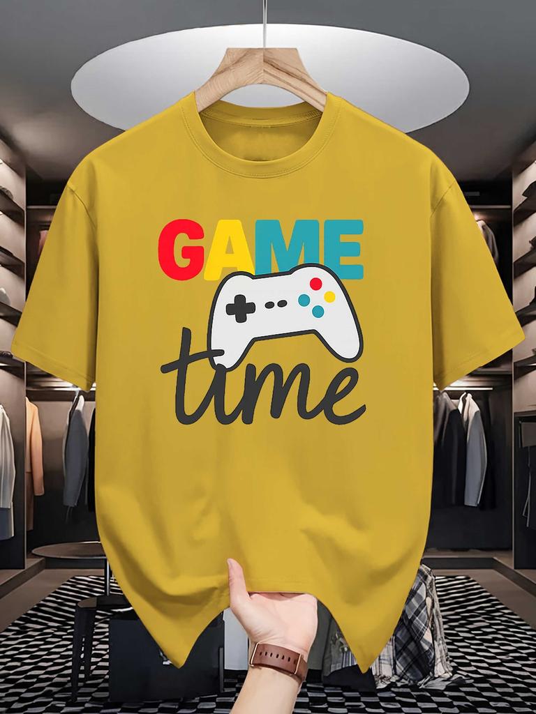 Unisex Crew Neck Tee Game Time Colorful Gamepad Art Graphic Print Soft Cotton Loose Short Sleeve Summer Casual Male Streetwear Tops