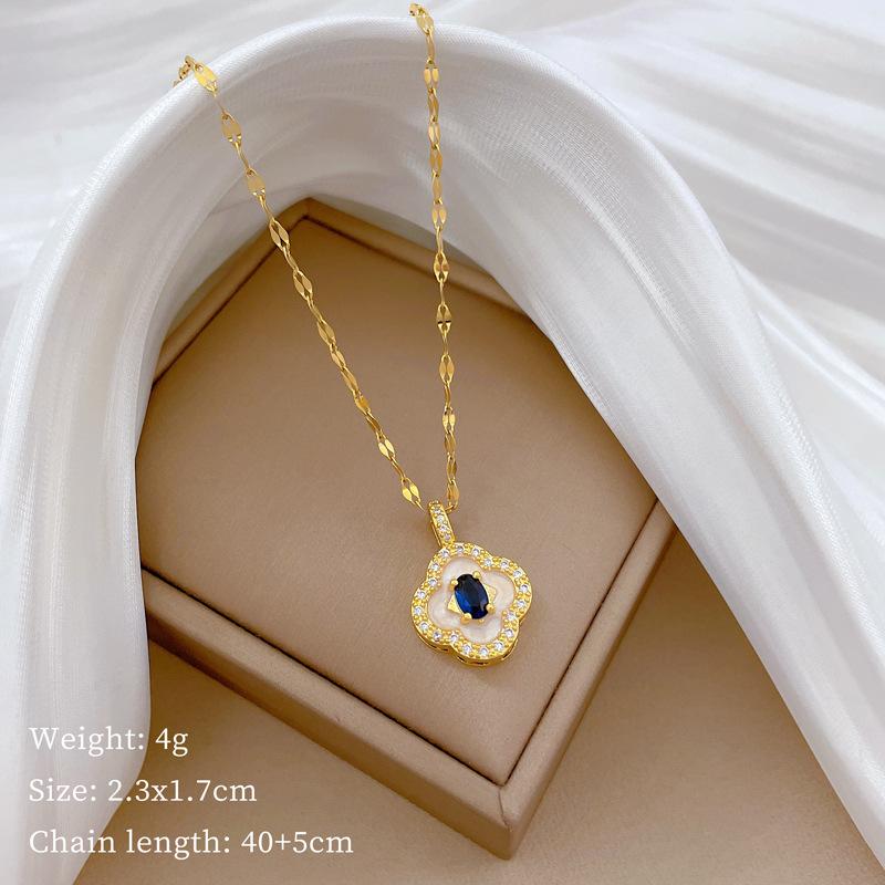 Shell Lucky Grass Light Luxury Temperament Gorgeous Full Diamond Necklace Women S Versatile Collarbone Chain Titanium Steel Chain