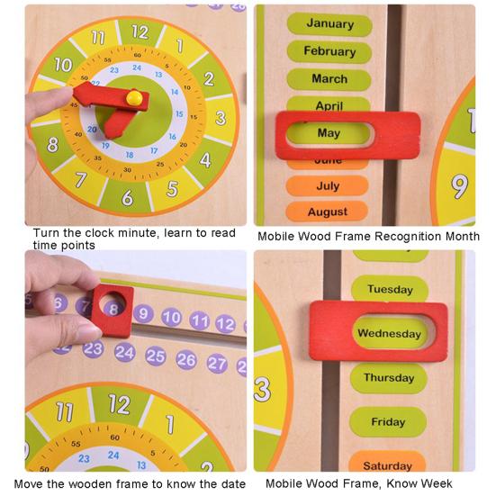 Kids Wooden Clock Toy Time Date Month Weather Season Preschool Learning Multi-function Portable Toddlers Early Educational Clock Toy