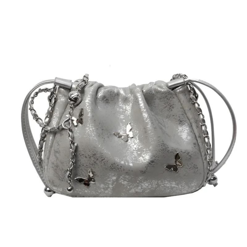 Single Shoulder Women's Crossbody Bag  Popular Small Silver Bag  New Butterfly Metal Design  Korean Cloud Style Bag