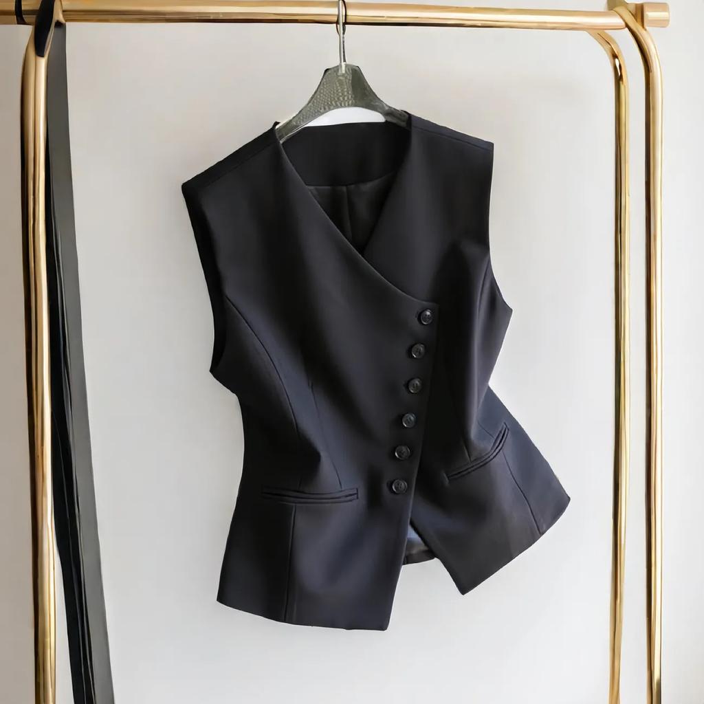 Spring Autumn V-neck Sleeveless Ladies Blazer Vest Coat Single Breasted Short Women's Suit Waistcoat Jacket