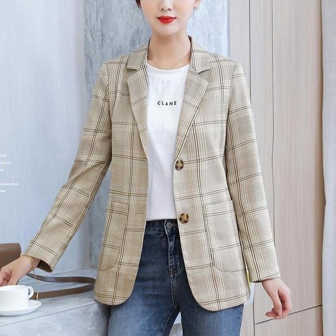 Plaid Blazer Female British Casual  Suit Spring  Office Lady Single Button Blazer  Fashion Women's Suit Lattice Jacket