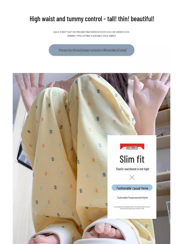 Women's High Waist Blue Polka Dot Straight Leg Pants - Summer Petite Ice Silk, 145-150cm, Wide Leg Design.