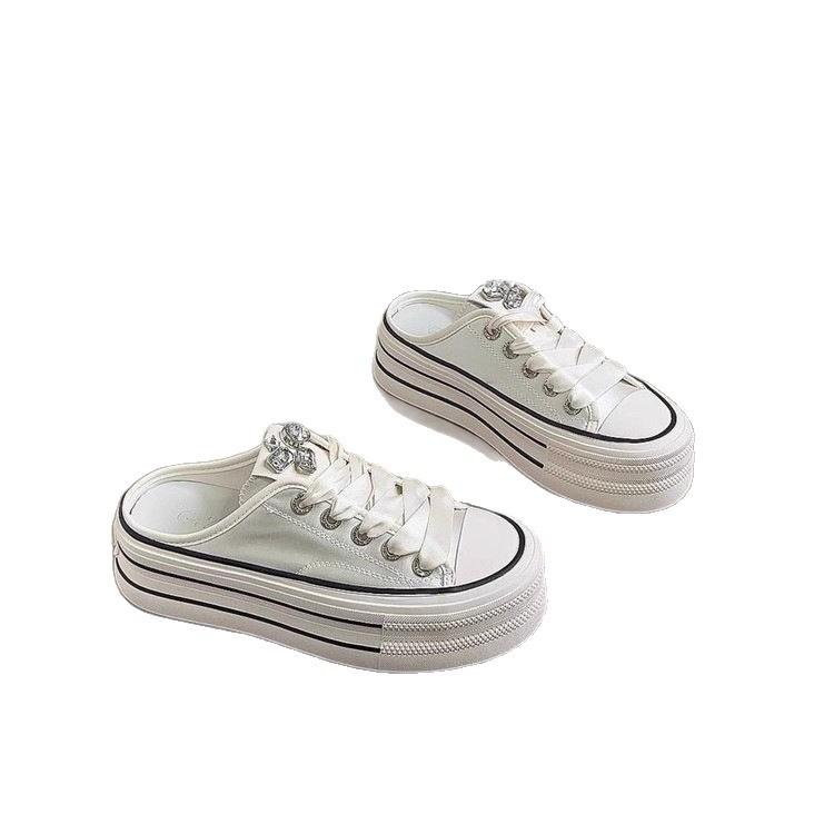 Lazy people pedal rhinestone white shoes Baotou half-drag women's shoes, wearing soft leather thick-soled heightening biscuit shoes outside summer