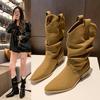 Fashion Women Thick Heel Western Boots Women Faux Suede Chunky Heeled Ankle Boots Autumn New Sewing Slip on Knight Pointed Botas Mujer