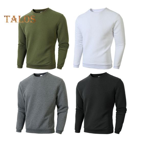 Top de Primavera para Hombre Textura a Cuadros 3D Cuello Redondo Ajustado Manga Larga Ropa Interior Color Sólido Elástico Jersey Camiseta