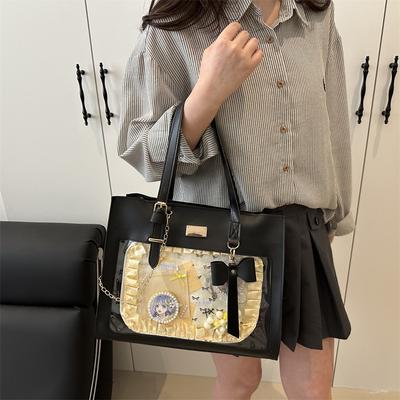 New Bow Large Capacity Shoulder Tote Bag Girl Splicing Transparent Sweet Handbag