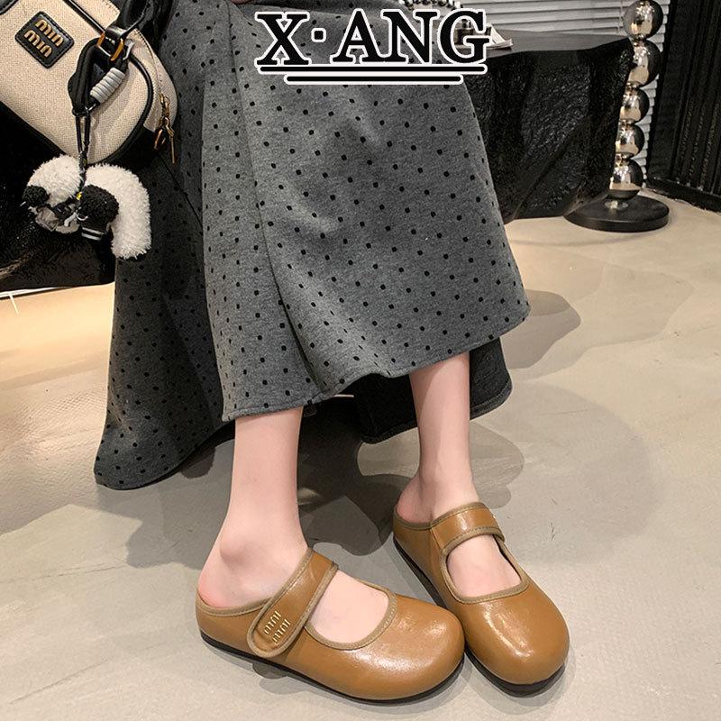 

Leather soft-soled Mary Jane shoes bag head half slippers women s summer wear 2025 new models with skirts and one pedal single shoes 40