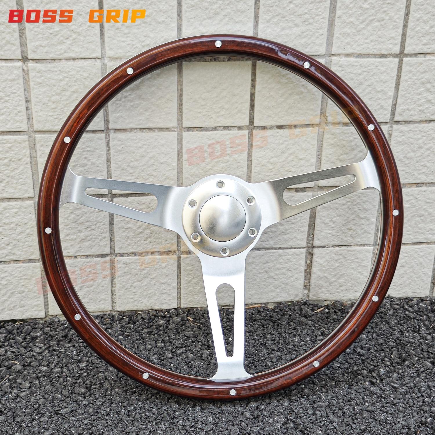 Car Accessories 15Inch JDM Classic Wooden Steering Wheel Vintage Sports Real Wood Steering Wheel with Rivet Wood