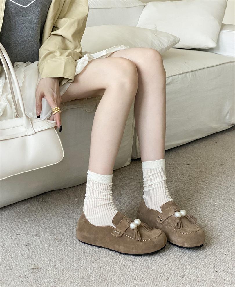 

2025 new round head matte beaded tassel platform Doudou outer wear Boken women s single shoes 40 верблюд