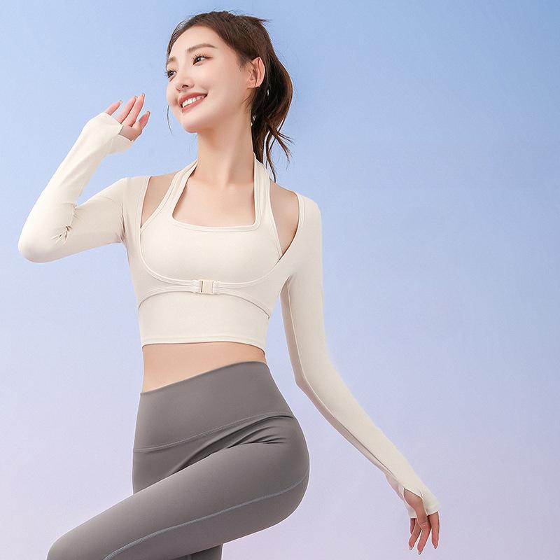 

Женская спортивная одежда для фитнеса, бега, джоггинга, бесшовная с длинным рукавом, спортивный топ для йоги для женщин, футболка для тренировок, имитация двойки, съемная грудная вставка S слоновая кость