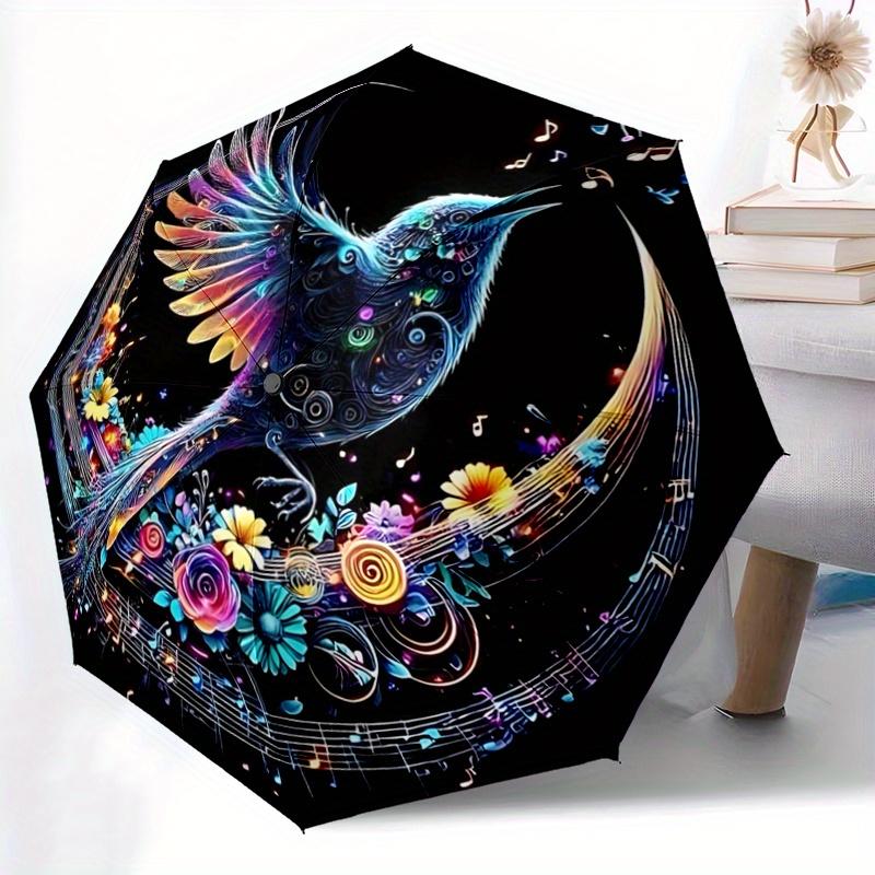 1pc Colorful Bird Amidst Musical Notes and Flowers Automatic Folding Umbrella - 3 Folding Design, Vivid Cartoon Pattern, Suitable for Outdoor Activiti