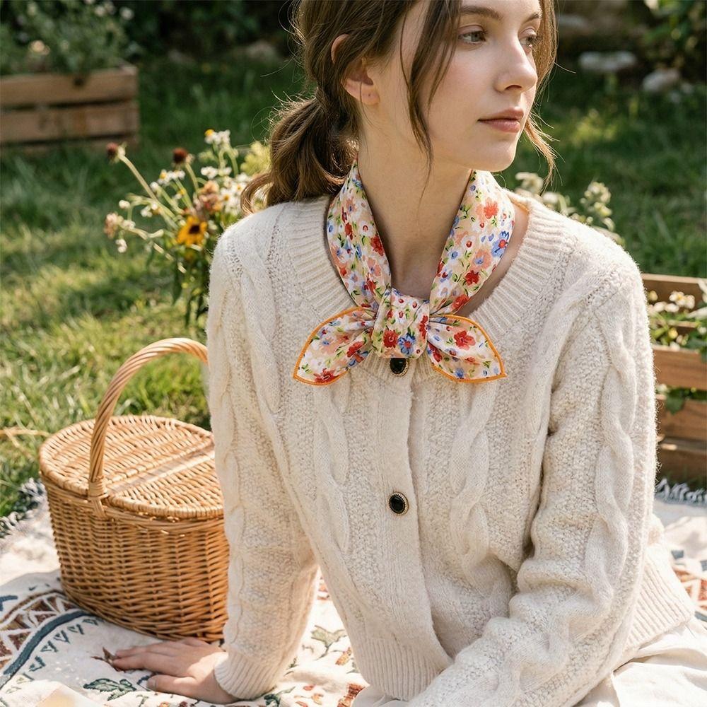 Flower Floral Print Silk Scarf Thin Square Handkerchief All-match Printed Scarves  Beach