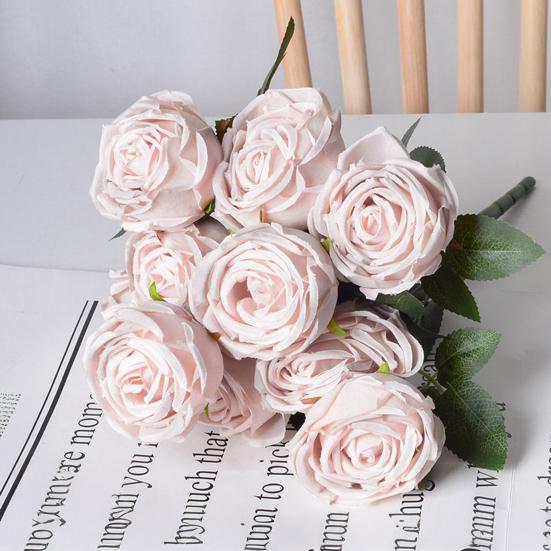 10 Heads Artificial Rose Flower Realistic Faux Silk Long Stem Rose Bouquet with Leaf for Home Kitchen Office Wedding Party Decoration