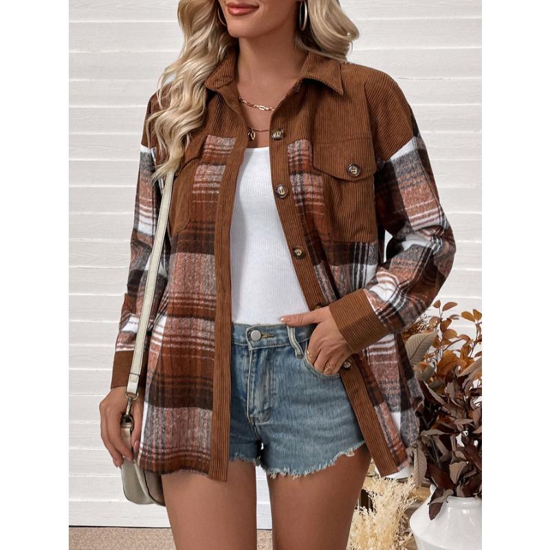 New Autumn and Winter Corduroy Patchwork Shirt Jacket for Women Fashion Contrasting Color Plaid Long-sleeved Cardigan