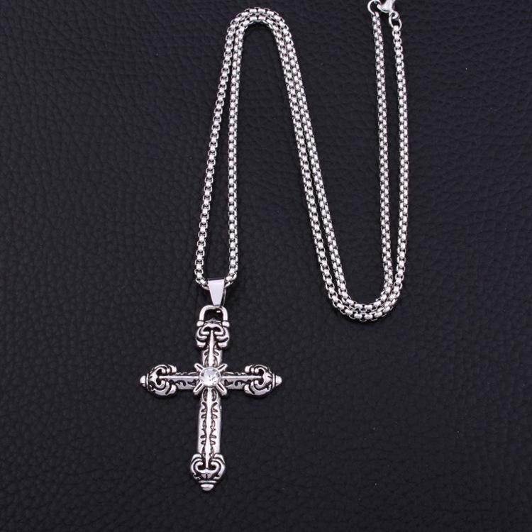 Men s Black  White Rhinestone Cross Necklace - Retro Hip Hop Titanium Steel Jewelry.