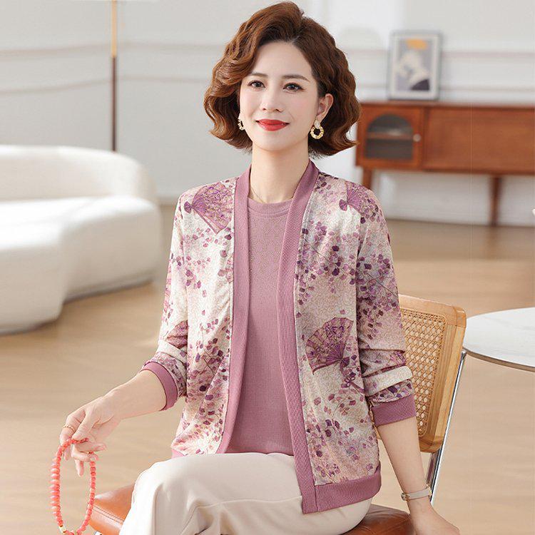 

Middle-aged Women s Spring/Fall Knit Cardigan & T-shirt Set - Plus Size Stylish Two-piece 4XL [Recommended 135-150 lbs]