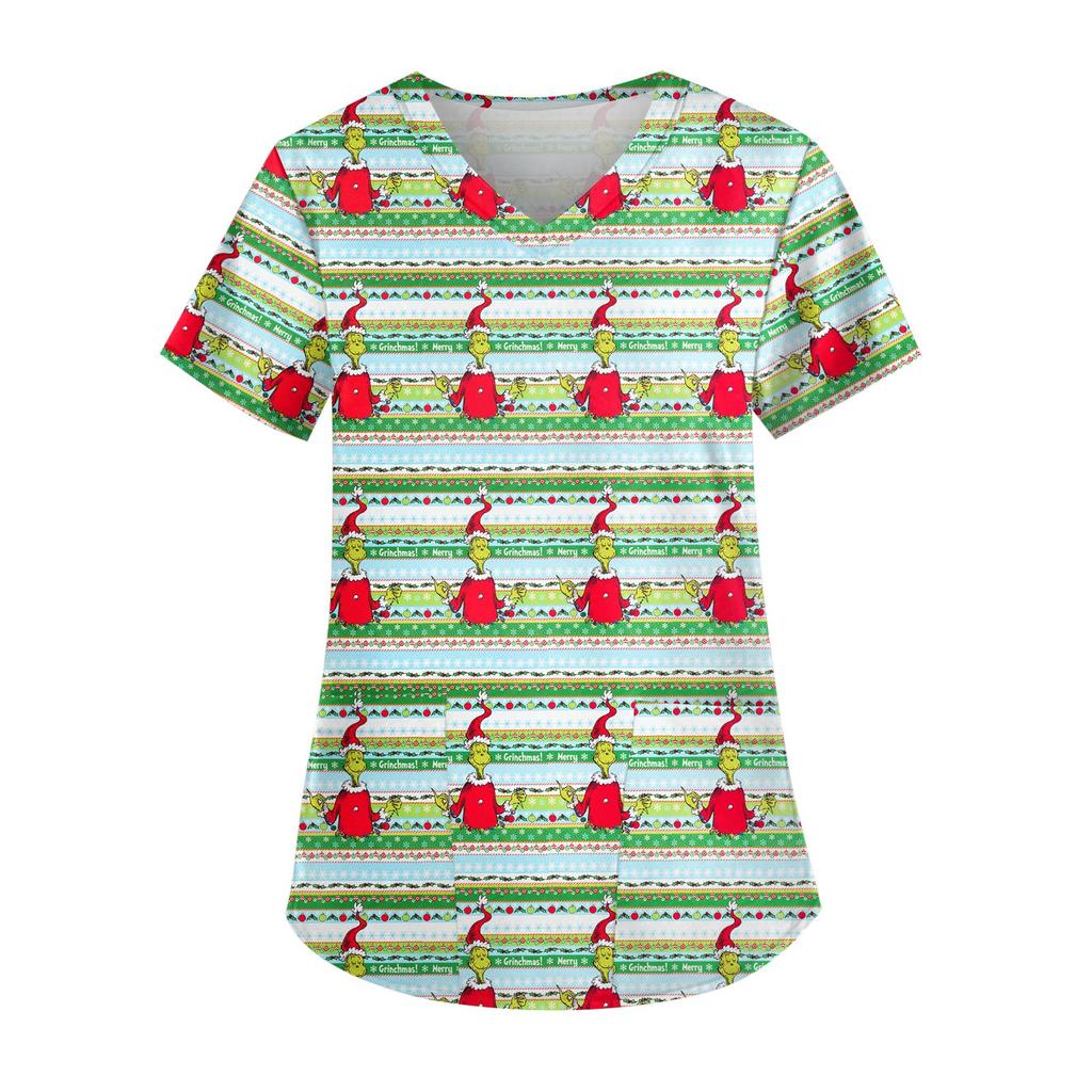 Women's Cute Printed Work Clothes V-neck Double Layer Pockets Basic Short Sleeve Top Pullover Christmas