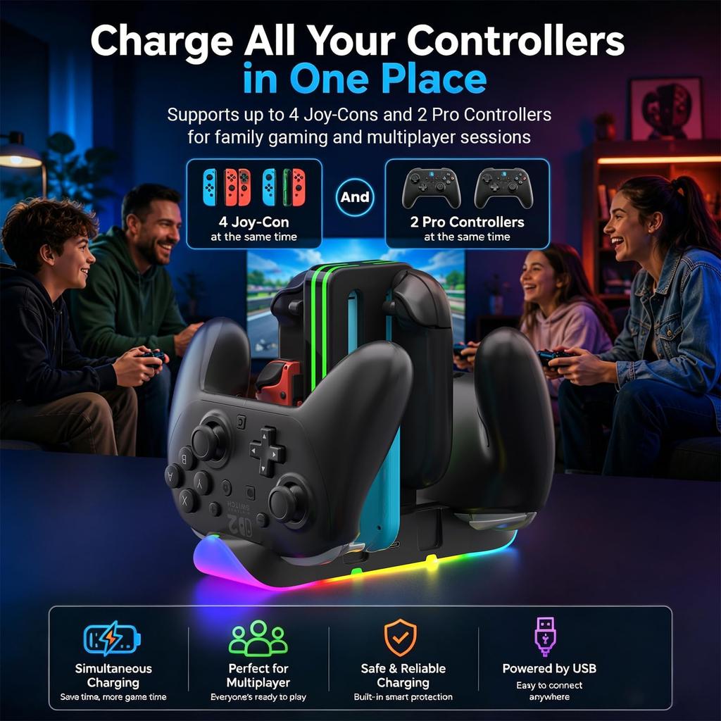 RGB Charging Dock for Switch 2 Controllers 6-in-1