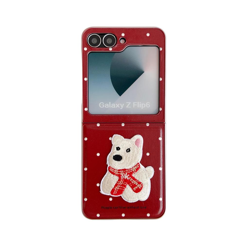 Pouzdro na telefon Samsung Z Flip 3-7 s texturou kůže, vyšívaným šátkem a motivem štěněte