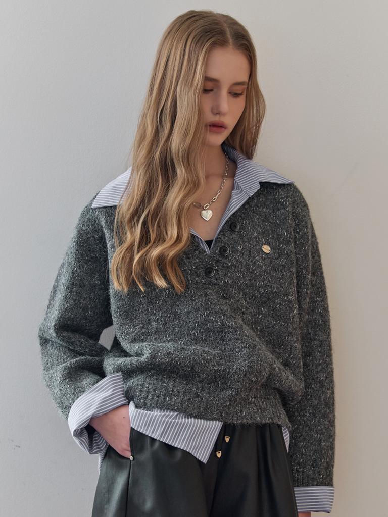 MAXZA Striped Shirt Layered V-Neck Knit