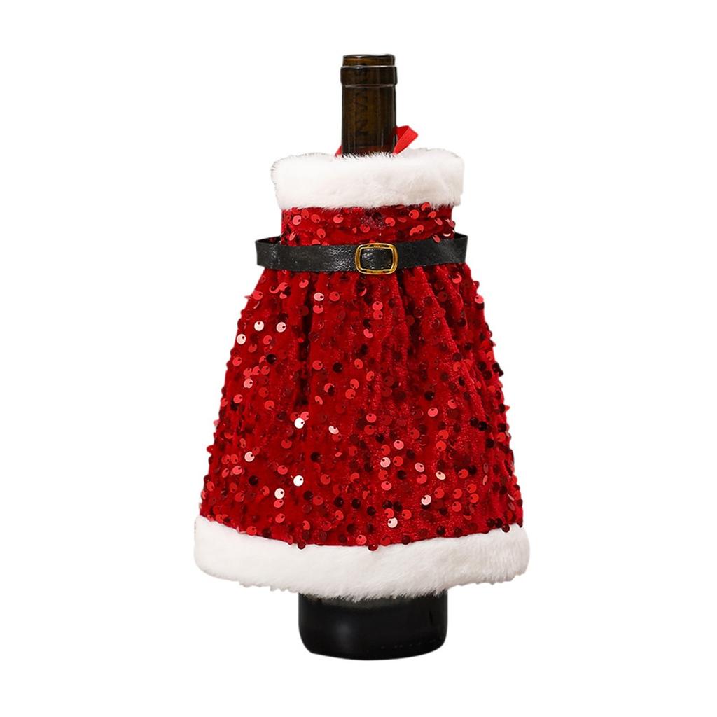 Santa Coat Wine Bottle Cover Set- Sequin Christmas Decor, Sparkling Wine Bottle Dress Decorations, Holiday Table Decor, Present Bag Party Decor For
