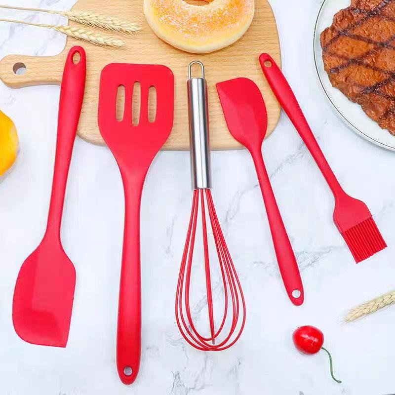 5Pcs Silicone Kitchen Cooking Utensils Set Non-Stick Flexible Kitchen Tools With Cake Spatula Whisk Oil Brush And Cooking Shovel
