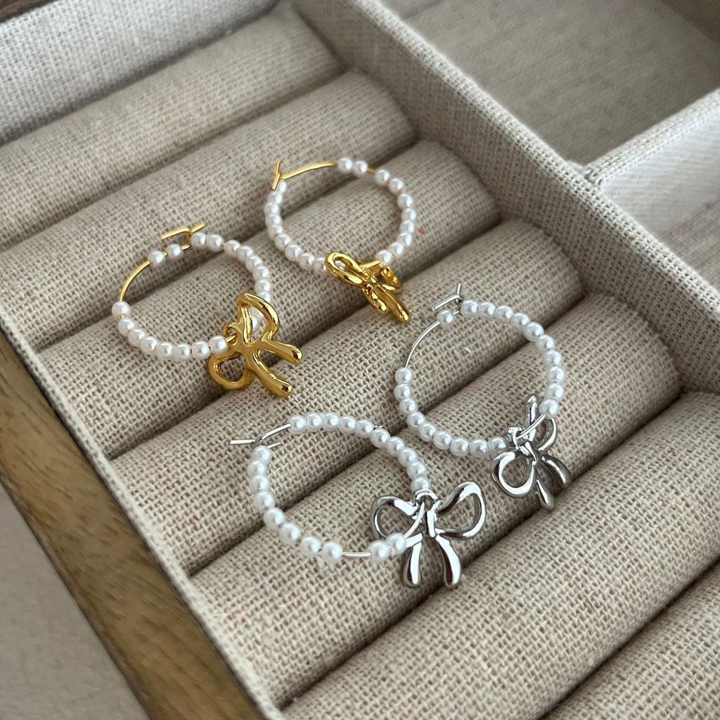 Francuskie Retro Kolczyki z Perłami, Ekskluzywne Kolczyki z Kokardą, Kolczyki, Delikatny i Przesadny Temperament, Kolczyki.