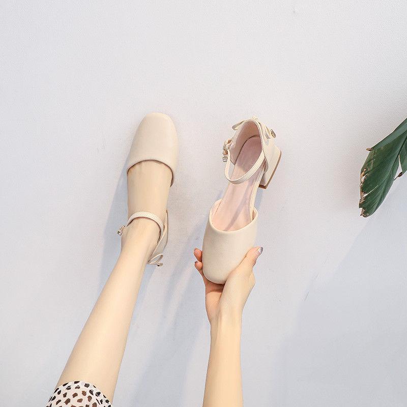 Close Toe Sandals Woman ,Square Toe Low Heels , New Soft Work Shoes ,Ankle Buckle Strap ,Back Zipp ,Apricot ,Beige ,Dropshipping