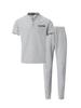 Men's Summer Waffle Stand Collar Two-Piece Set: Color Block Short Sleeve Shirt & Long Pants