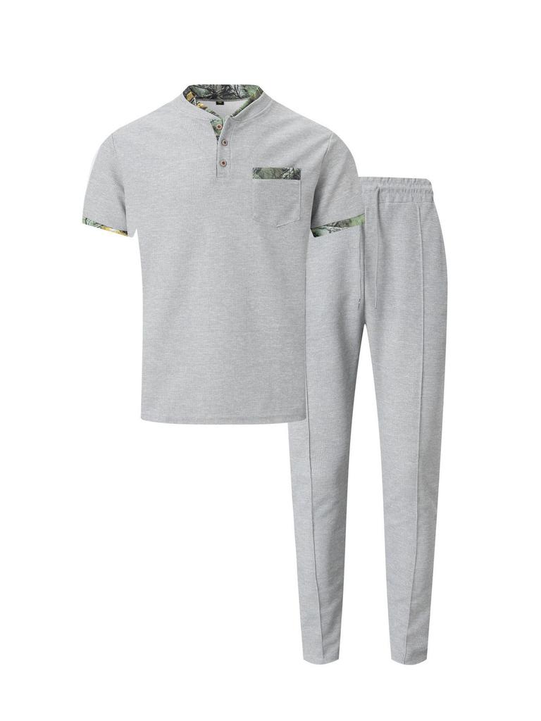 Men's Summer Waffle Stand Collar Two-Piece Set: Color Block Short Sleeve Shirt & Long Pants