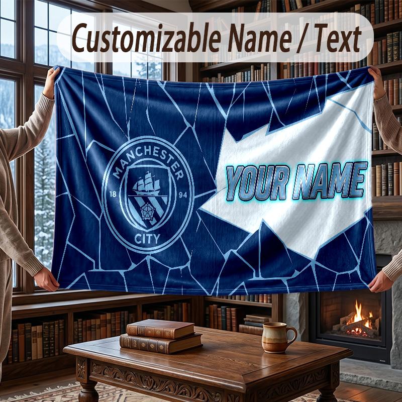 Custom Name Flannel Throw Blanket Manchester City Pattern Warm Home Decoration
