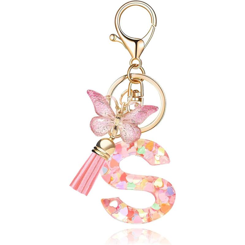 English Alphabet Letter Tassels Keychain Pink Butterfly Pendant Key Chain Women Car Key Ring Bag Jewelry Simple Letter Name Gift