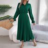 Spring Summer Women Long Sleeve Solid Pleated High Waist A Line V-Neck Long Dress