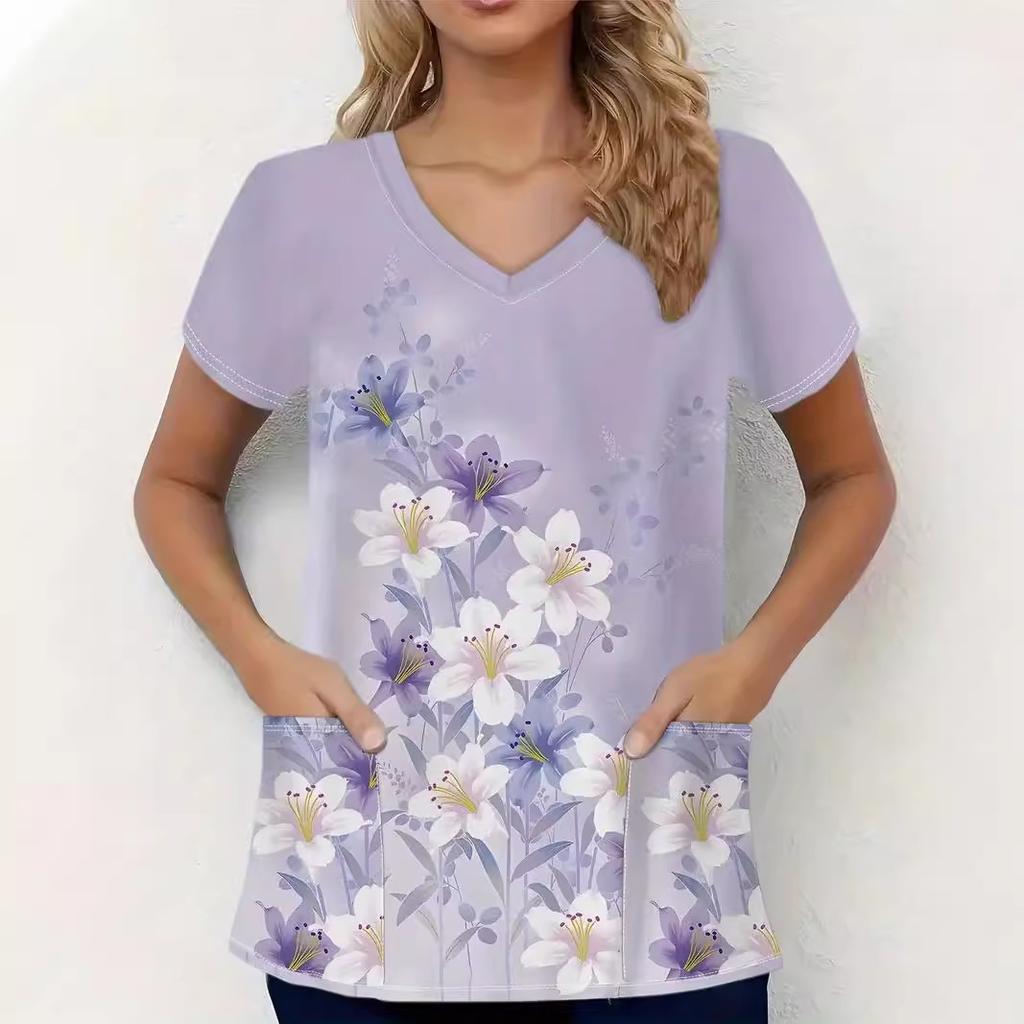 Romantic Pink Butterfly 3D Digital Print Women's Pocket V-neck Pullover Short Sleeved T-shirt Hospital Protective Apparel