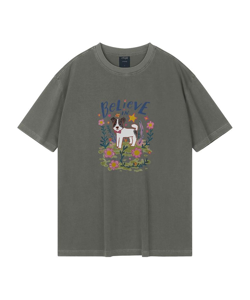 WILDROCK Flower Garden Puppy Pigment Oversized Short Sleeve T-Shirt (Cropped) (Type A)