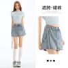 Womens Asymmetrical Denim Skort 2025 Street Style A-Line Short Skirt With Cross Tie Detail