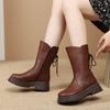 Round Toe Leather Platform Ladies Mid Calf Shoes Autumn Winter Fleece-Lined with Laces Women's Half High Boots Trend 2025 Boot