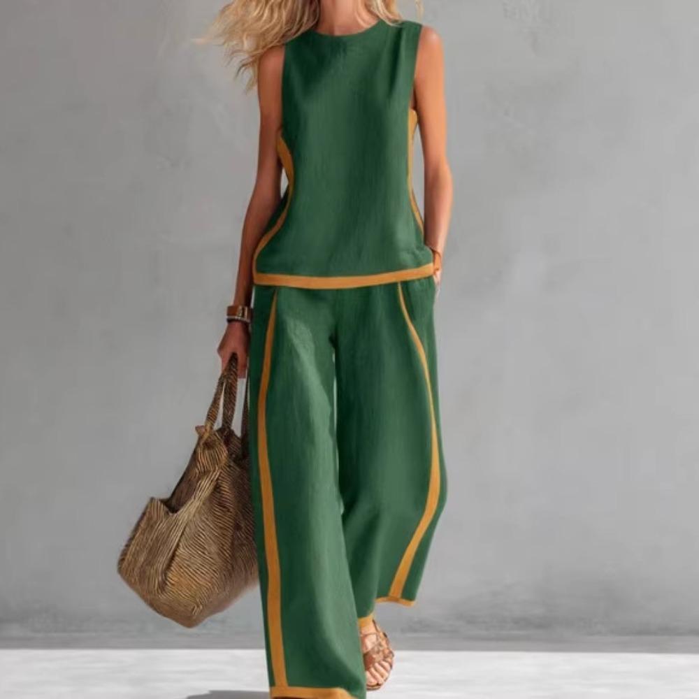 Color Block 2 Piece Outfit, Women Round Neck Sleeveless Tank Top & Wide Leg Pants Set