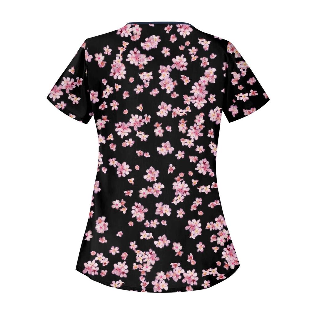 Women's Fashion Flower Printed  Short Sleeve Care Workwear With Double Pockets Top