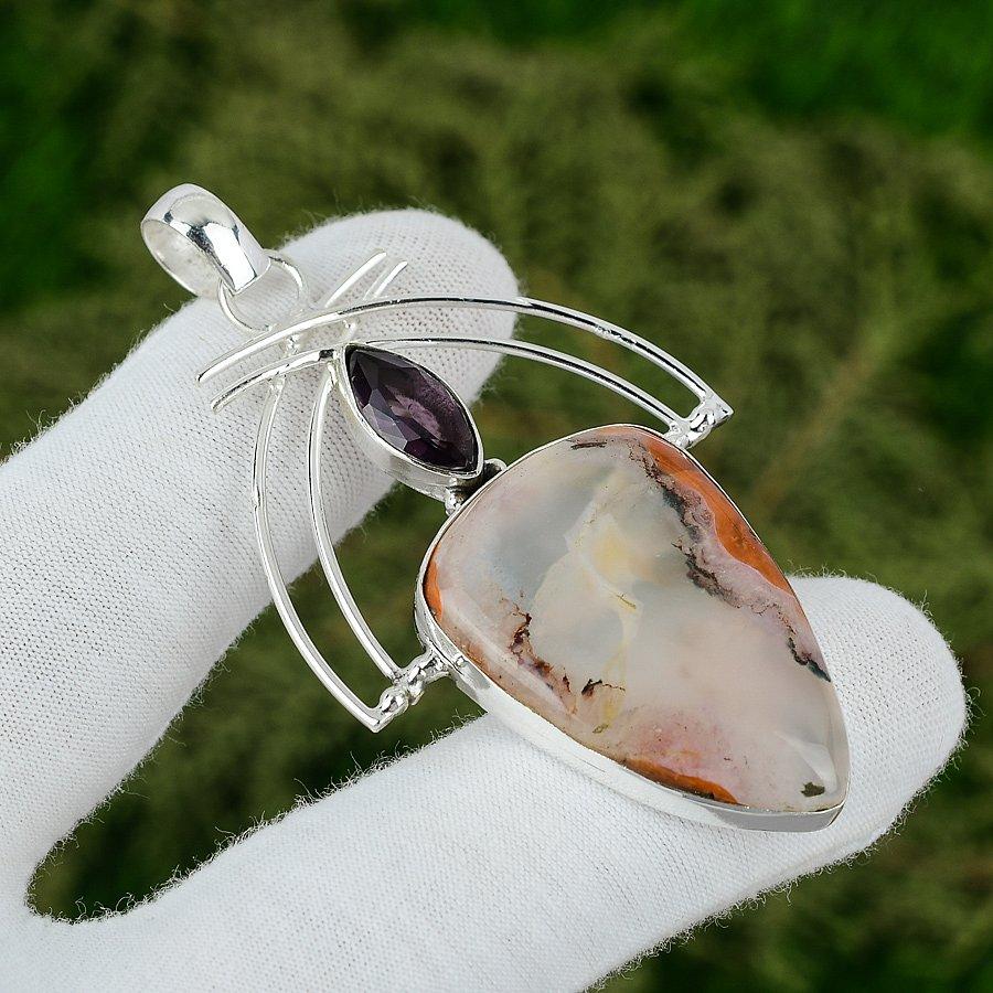 Sisters Day Deal Sterling Silver Crazy Lace Agate Gemstone Amethyst Boho Pendant