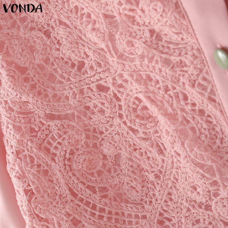 VONDA Women Short Sleeve Front Lace Crochet Casual Ruffled Blouse Shirts Tops