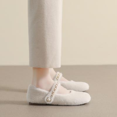 Weiwei girl 855-3 Mao Mao Schuhe Damen Oberbekleidung zum Warmhalten 2024 neue Ein-Wort-Riemen Flachboden Samt Einzelne Schuhe Weiche Sohle