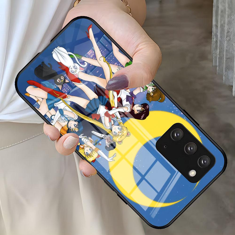 S-Sailor M-Moon Anime Phone Case For Samsung S25 S24 FE S23 S22 S21 Plus S20 Ultra Note20Ultra Black Glass Cover