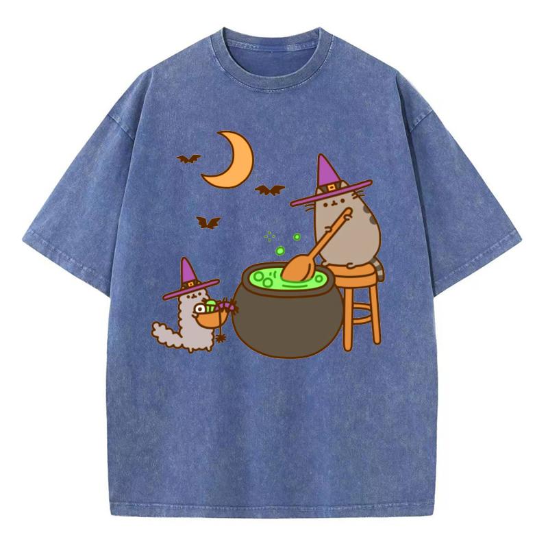 Cartoon Animal Print Women Washed Black T-Shirt Loose Crew Neck Short Sleeves Unisex Casual Cute Style Top Y2k Sweetheart