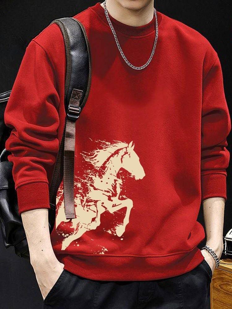 Herr 2026 Hästens År Röd Huvtröja - Zodiac Festlig Vardagssmal Passform Topp