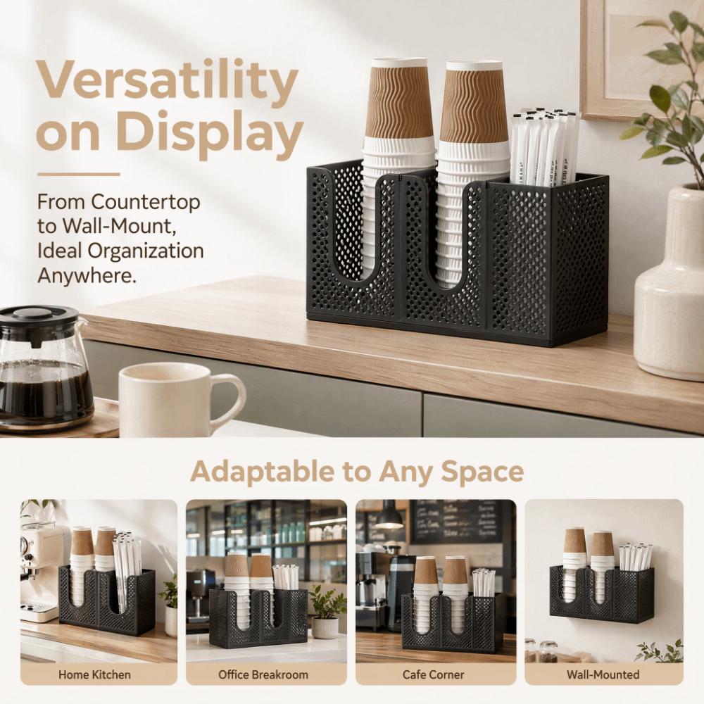 Wall Mounted Paper Cup Holder 3 Compartments Straw Organizer Coffee Cup Dispenser Home Office